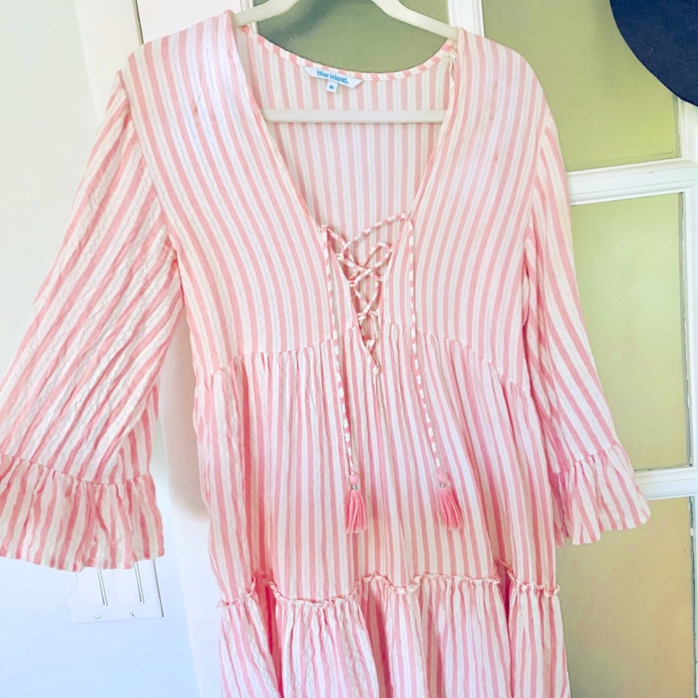 BLUE ISLAND RUFFLE DRESS/COVER UP - Pink/white w/ silver  stripes- MEDIUM
